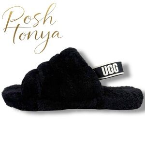 UGG Fluff Yeah Slingback Slide Sandals Black Shearling Size 6 Cozy Plush Warm